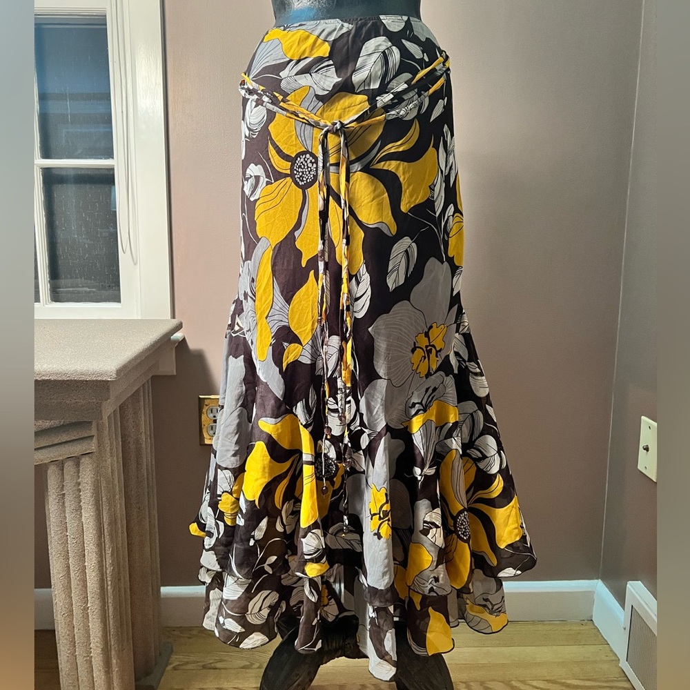 Y2K Brown and Yellow Floral Flowy Maxi Skirt w/ Matching Beaded Belt India Made
